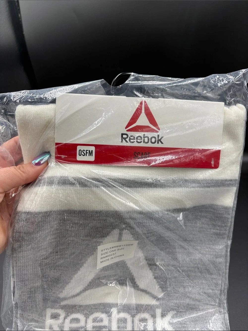 Brand New Reebok Gray & White Logo Knit Scarf with Fringe